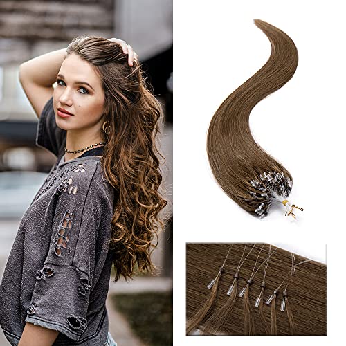 SEGO Micro Beads Hair Extensions Human Hair 18 Inch Light brown Micro Loop Human Hair Extensions Natural Straight Micro Ring Human Hair Extensions 50g 100 Strands Cold Fusion Hair Extension 6#