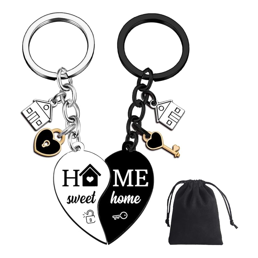 MnuCyiPiu 2 PCS New Home Keyring Stainless Steel Sweet Home Keychains Housewarming Gifts Heart Matching Keyring for Couples Friends Family Present New Homeowners First Home Gifts