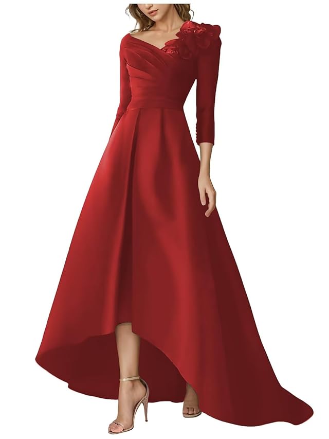 Womens Long Sleeve High Low Prom Dress with Pocket Satin Elegant Evening Gown A Line Wedding Guest Dress