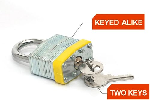 Miniatura 4 de LQYN Candado laminado con llave (1-916 pulgadas, 1.575 in), cerraduras iguales con llave, aro amarillo, grillete normal, paquete de 2, cerradura