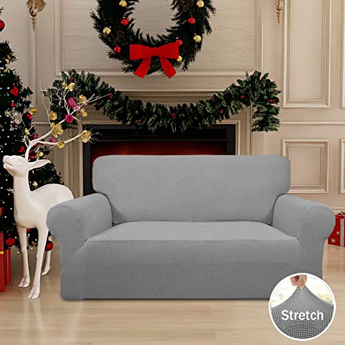 Image of Easy-Going Stretch Loveseat Slipcover 1-Piece Sofa Cover Furniture Protector Couch Soft with Elastic Bottom for Kids Polyester Spandex Jacquard Fabric Small Checks (Loveseat, Light Gray)