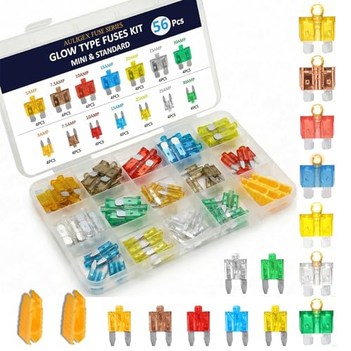Auligex 56pcs Light Up Fuses Automotive Assortment Kit, Glow Fuses with LED Indicator, Standard & Mini Blade Fuses Glow When Blown, Smart Car Fuse Replacement for Truck RV Boat SUV with 2 Pullers