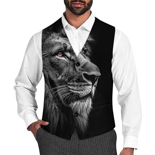 Close Up of A Lions Head Men's Suit Vest Slim Fit V-Ncek Waistcoat Business Casual Vest