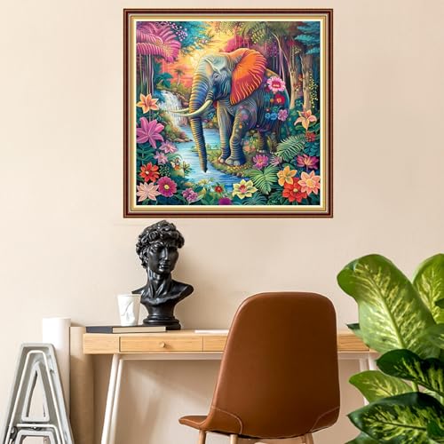 Image of Fanxvivy Stamped Counted Cross Stitch Kits for Adults Printed Cross-Stitch Patterns 11CT Stamped or Counted Cross Stitching Embroidery Kit Needlepoint Kits-Jungle Elephant 18x18 inch
