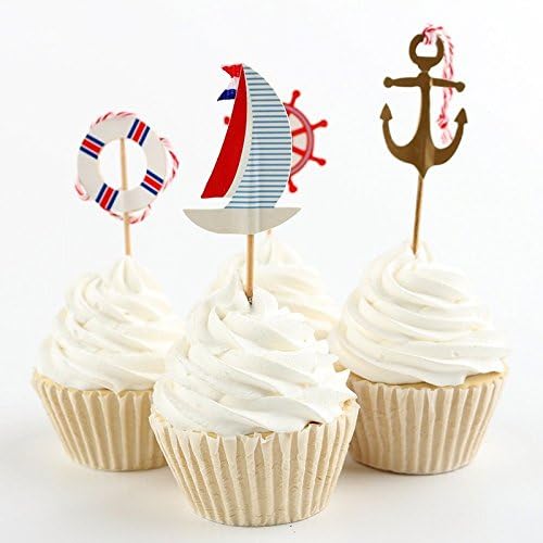 Elfun (TM Anchor Sailor Cupcake Topper Sticks Kids Boy Birthday Baby Shower Party Supplies -24pcs/set