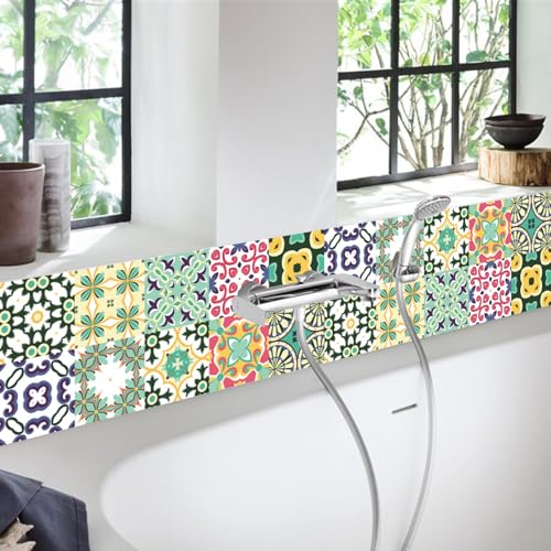 Baldosas Adhesivas Geometría Roja Verde Suelo Vinilo Autoadhesivo Vinilo Impermeables Panel Revestimiento Ducha para Baño Cocina Gabinete Muebles Decoración Azulejos Adhesivos 30x30cm /10 Piezas