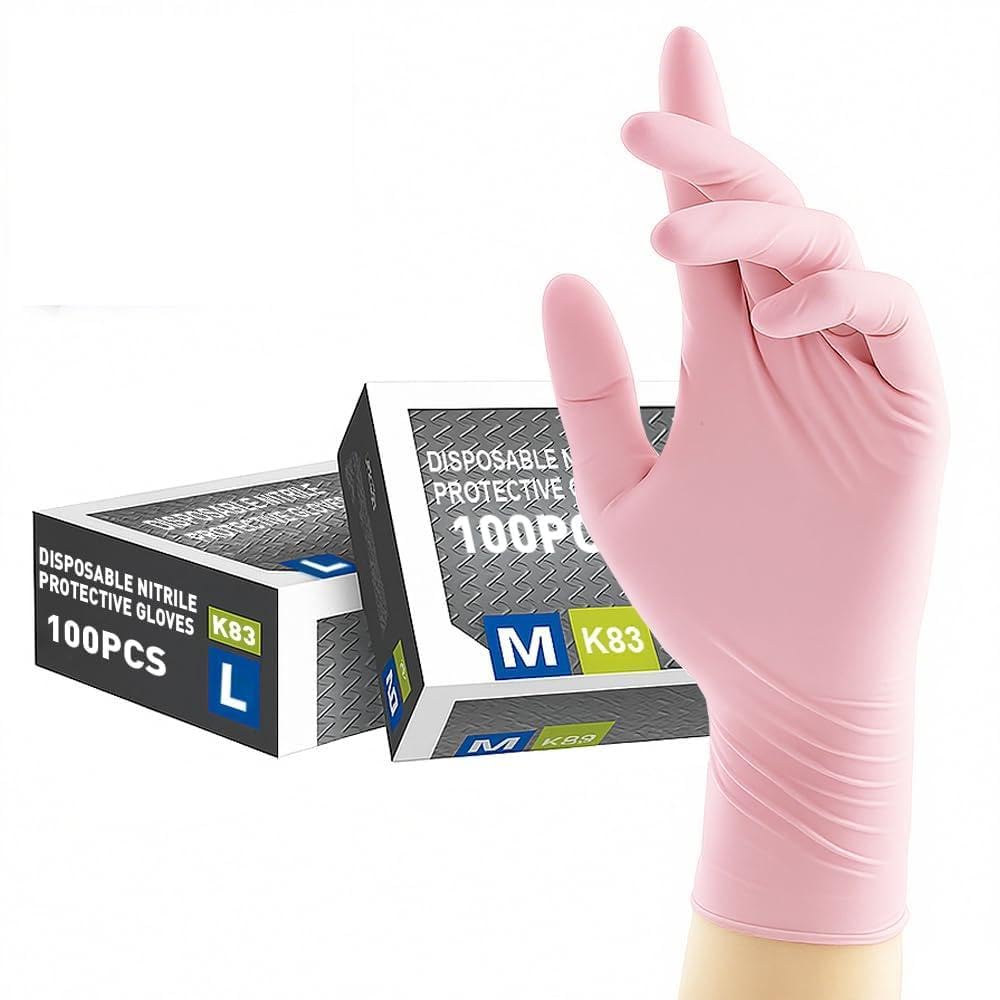 Lot de 100 gants jetables multi-usages en nitrile épais de 6 mm pour le nettoyage de la cuisine, la préparation des aliments (rose, taille M)