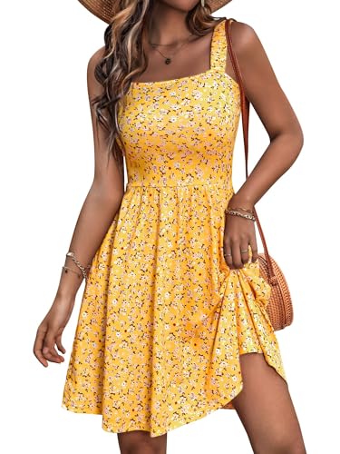 HUHOT Summer Dresses for Women 2026 Graduation Flowy Sundress with Pockets Resort Wear Spring Easter Boho Cruise Outfits Floral Cute Dresses Yellow