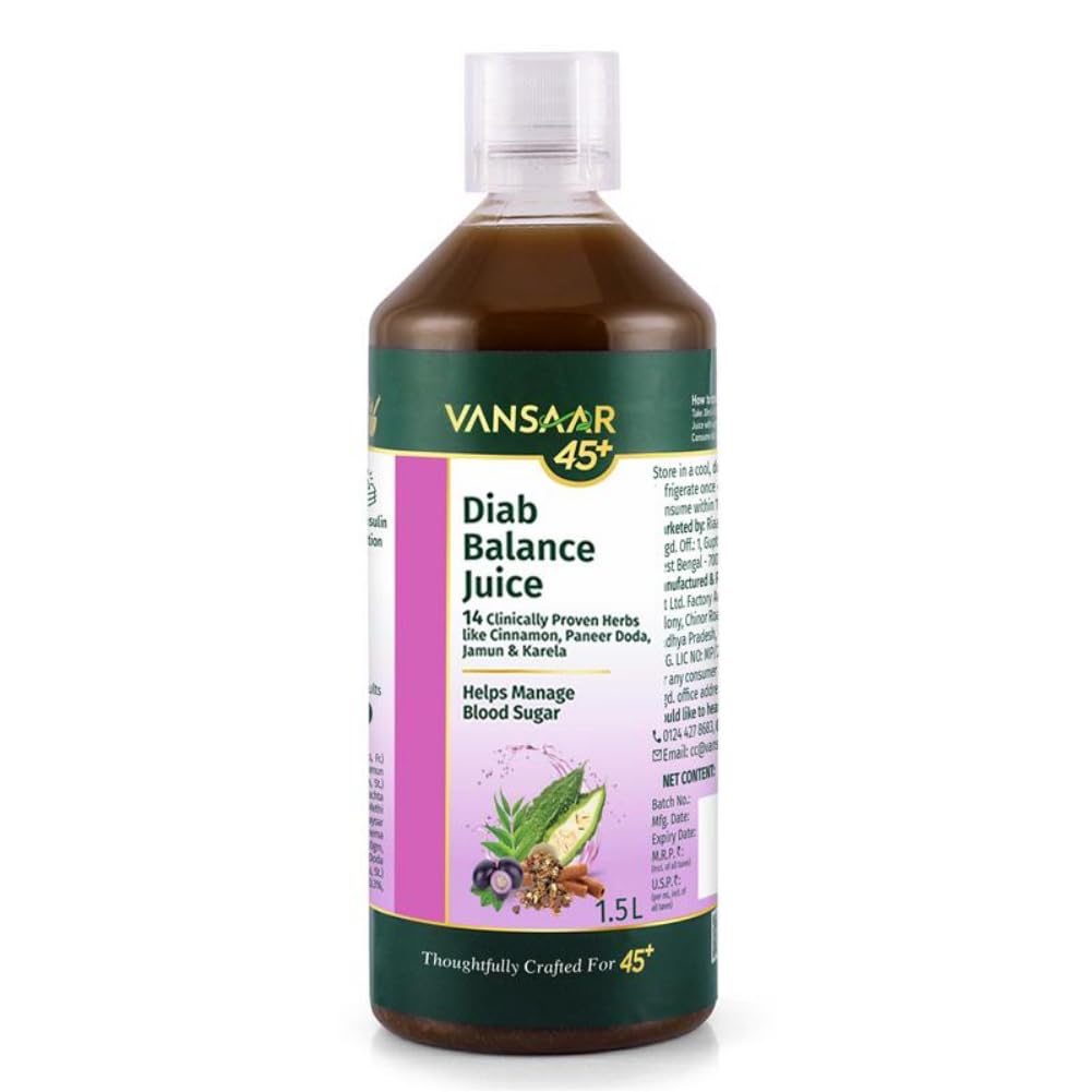 Vansaar 45+ Diab Balance Juice - 1.5L | Ayurvedic Juice with 14 herbs like Karela, Jamun, Neem, Paneer Doda, Cinnamon | Helps Manage Blood Sugar Level