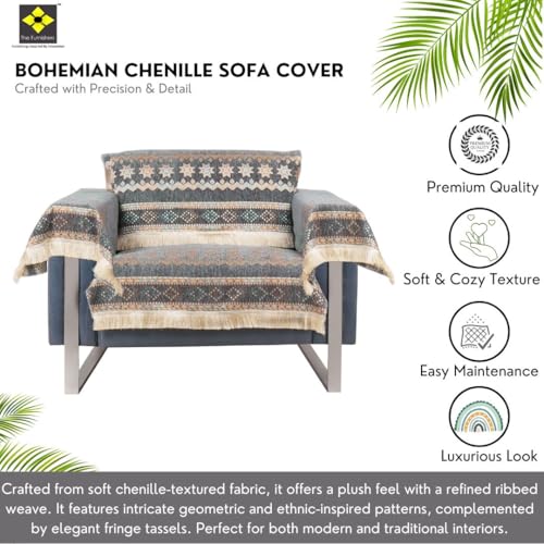 Image of Elegant Woven Grey Sofa Cover - Soft Chenille Traditional Pattern with Lace Style | L-Shape Sectional Seat Protector for Living Room | Durable & Stylish Slipcover 1 Seater with Arms