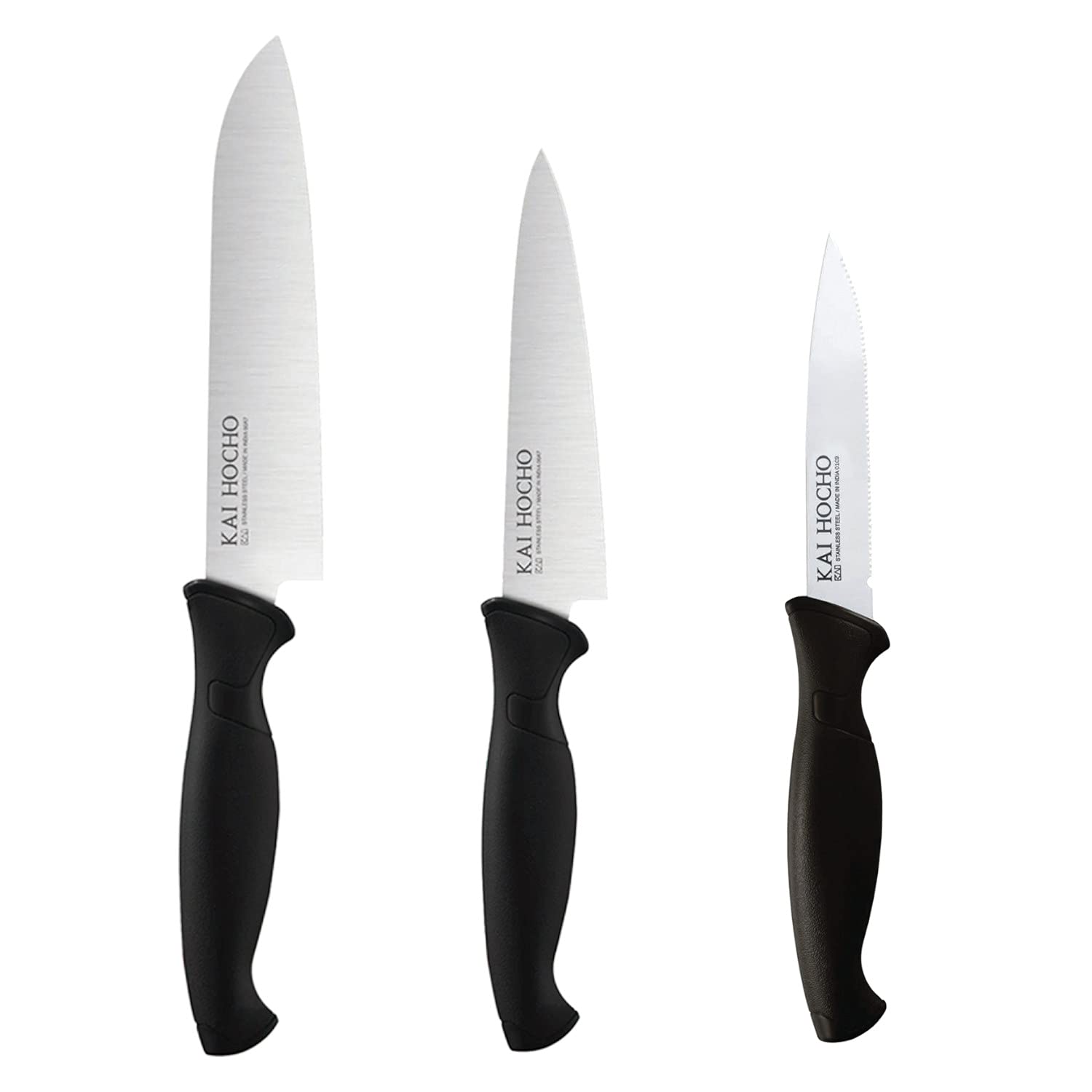 KAIHocho Japanese Technology Serrated Knife 9.6 cm Blade, Hocho Utility (M) Knife 14.5 cm Blade, Hocho Utility (S) Knife 12.5 cm Blade, Black Stainless Steel Knife Set (Pack of 3)