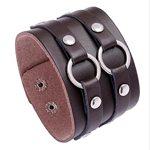 Aroncent Bracelet pour Homme en Cuir Large Bracelet Double Anneau Alliage Rétro Punk Hip Hop Simple Brun Cover