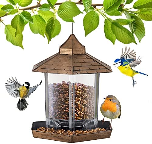 GloBrite Bird Feeder Garden Ornament - Bird Seed Feeder - Hanging Bird Feeder - All Weather Bird Feeders Hanging Feeding Station for Wild Birds, Hexagon Shaped with Roof for Outdoor Yard Decoration