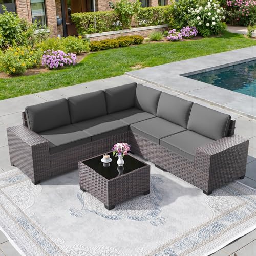 Image of 6 PCS Outdoor Patio Furniture Set,Outdoor Sectional Furniture All Weather PE Rattan Wicker Patio Conversation Set with Coffee Table and 5 Thickened Cushions,Grey