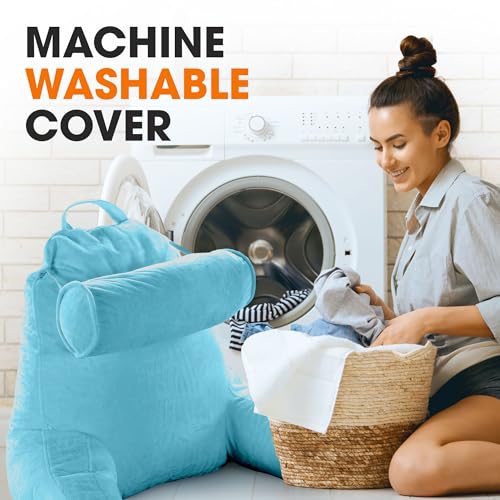 Cheer Collection Reading Pillow Chair - Chair Pillow with Arms and Detachable Neck Bolster for Bed & Couch - Machine Washable, Sky Blue
