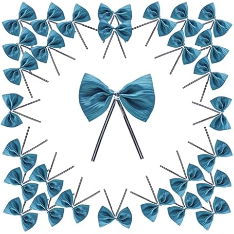 WEWILUCK Premade Twist Tie Bows, Small Teal Satin Ribbon Bow for Treat Bags, Crafts, Candy, Bakery, Baby Shower Wedding Christmas Birthday Party Decorations(3 Inches, 30PCS) Cover