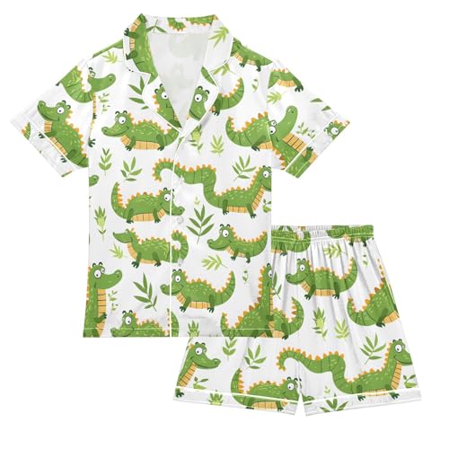 ALAZA Green Leaf Animal Crocodile Satin Pajamas Set Short Sleeve Button Down Sleepwear Summer Pjs 2 Piece