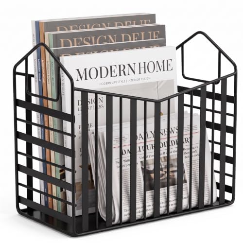 Noamus Metal Magazine Holder, Document File Rack with Handle, Newspaper Book Folder Mail Organizer Bin, Iron Wire Tablet Storage Basket Stand for Home Office Bathroom Bedroom Den Living Room, Black