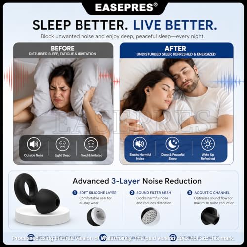 Image of EASEPRES Noise Cancelling Ear Plugs | Soft Silicone Reusable Earplugs with 6 Comfort Tips (S /M /L) | Secure Fit Noise Reduction for Sleeping, Travel, Flight, Work & Snoring - Black