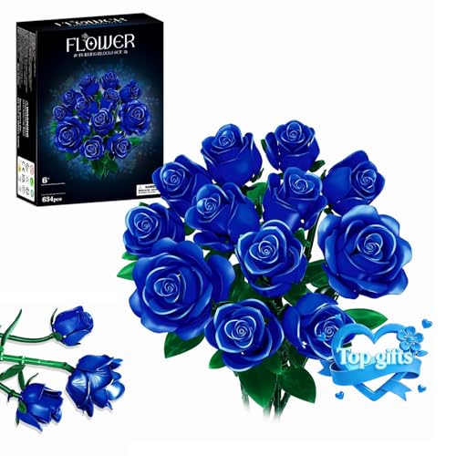 Rongmeiz Flowers Bouquet Building Set, 12 Artificial Blue Roses Botanical Collection Building Block Educational Toys for Girls Kids Women Gift for Valentine's Day Christmas, 634 PCS - image 1