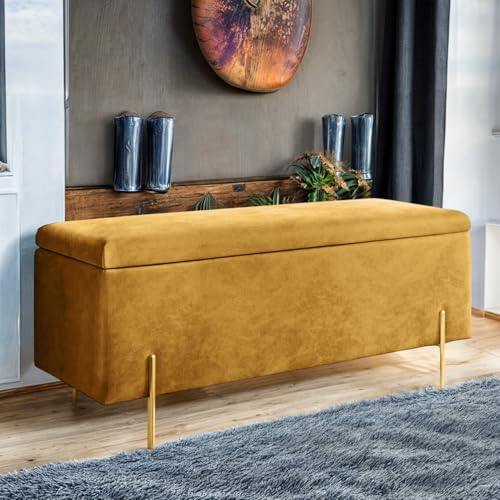 Harveys Living Ottoman Storage Box - Engineered Wood Luxurious Plain Plush Velvet Ottoman Storage Bench (Mustard, Plain)