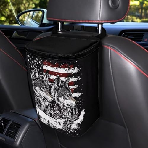Image of Talayituse Wolf American Flag Print Car Trash Bin, Large Size Auto Trash Can Adjustable Portable Garbage Can with Lid, Vehicle Hanging Bag for Headrest Front Back Seat
