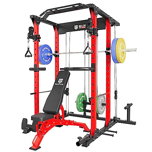 Major Lutie Power Cage With Weight Bench, 230Lbs Weight Plates And Barbell, 1400 Lbs Multi-Function Red Power Rack With Adjustable Cable Crossover System And More Exercise Machine Attachments #TOP23