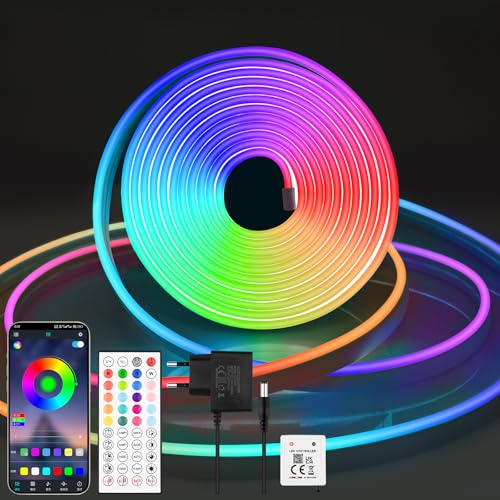 Bande LED néon RGB de 5m, contrôle par application/télécommande, étanche IP65, ruban LED néon RGB 24V, idéal pour les chambres, les pièces et la décoration extérieure (5m)