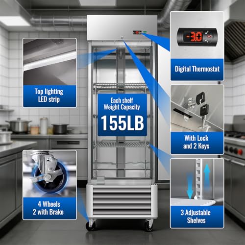 Image of Erivess 27 inchW 23 Cu.Ft. Commercial Stainless Steel Reach-in Upright Freezer | ETL Certified, Digital Thermostat, Auto Defrost, Fan Cooling and 3 Adjustable Shelves, Freezer for Restaurant, Bar, Shop