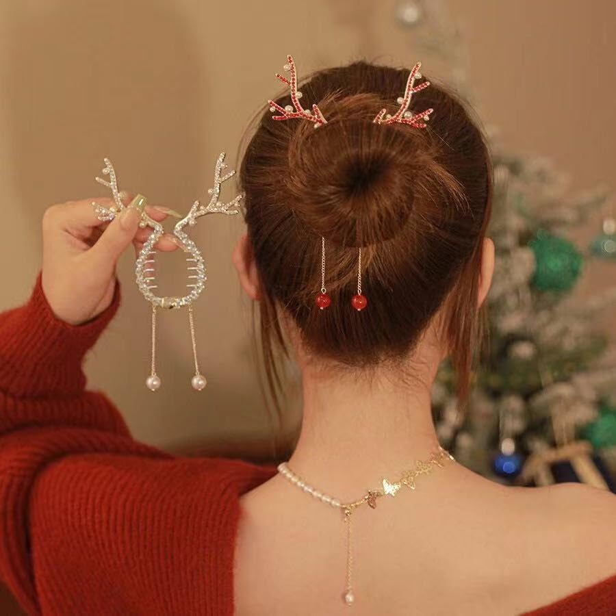 mdgfge Pinzas de Pelo de Navidad con Ciervos, Perlas, Borla, Barrette, Accesorios para Mujeres y Niñas, 2 Piezas miniatura 2