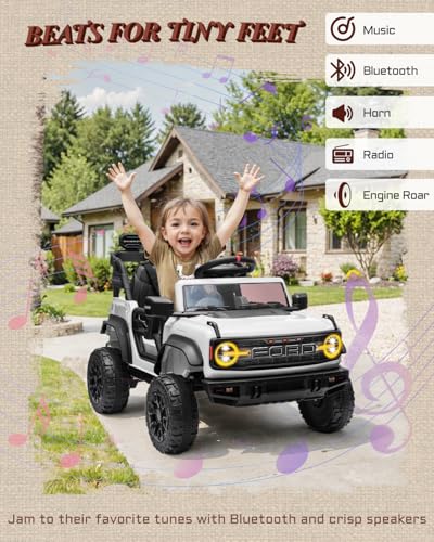 Image of First Ride On Ford Bronco Raptor 12V Toddler Ride on Toys, Safe Kids Ride on Truck with Remote Control, Children Electric Cars with 4 Wheels Suspension, Radio, Music, Bluetooth (12V, White)