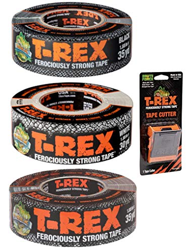 T-Rex Ferociously Strong Duct Tape, Black, White and Gray 3-Pack, 100 Yards Total, Plus Tape Cutter