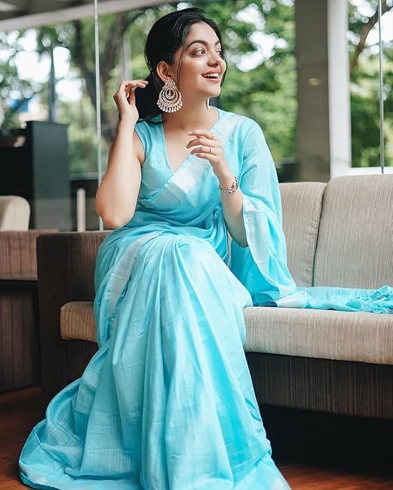Image of STB-SILK TEXTILES BHAGALPUR Women's Bhagalpuri Linen Saree With Blouse Piece