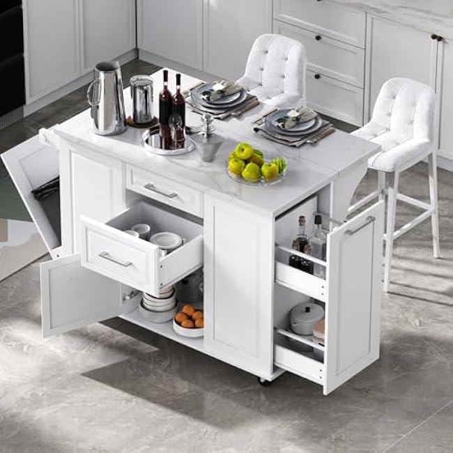 Kitchen Island with Tilt Trash Can Compartment Pull Out Double Tier Organizer Drop Leaf Design 2 Drawers 1 Cupboard Rolling Cart on 5 Wheels Lockable Brakes CARB Certified MDF Construction (White)-Dsn7U8Yd