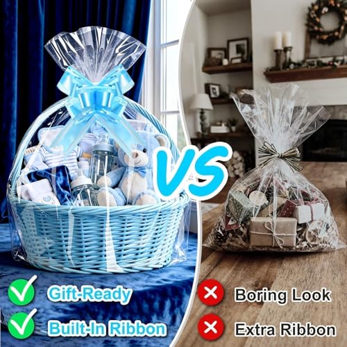 Image of PigPotParty Cellophane Bags for Gift Baskets, 24x30 in, 10 Pack, Blue Bows