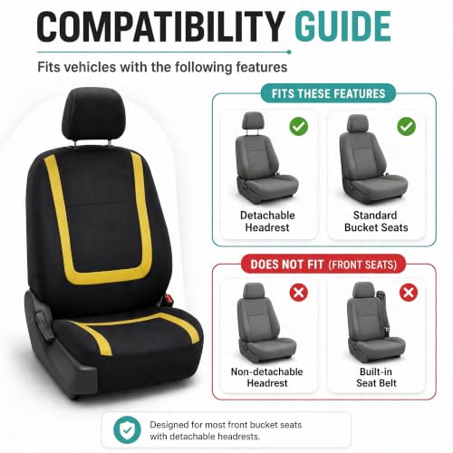 Image of FH Group Car Seat Covers Front Set in Cloth for Low Back Car Seats with Removable Headrest, Universal Fit, Automotive Washable for SUV, Sedan, Van Yellow