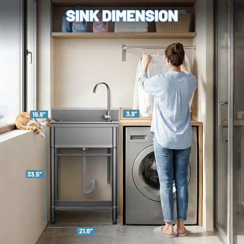 Utility Sink Free Standing Single Bowl Kitchen Sink with Cold and Hot Water Pipe Stainless Steel Sink for Garage Shop Laundry Room Basement Garden Farmhouse Mens Gifts Ourdoor Indoor fregadero by Worcest - Image 2