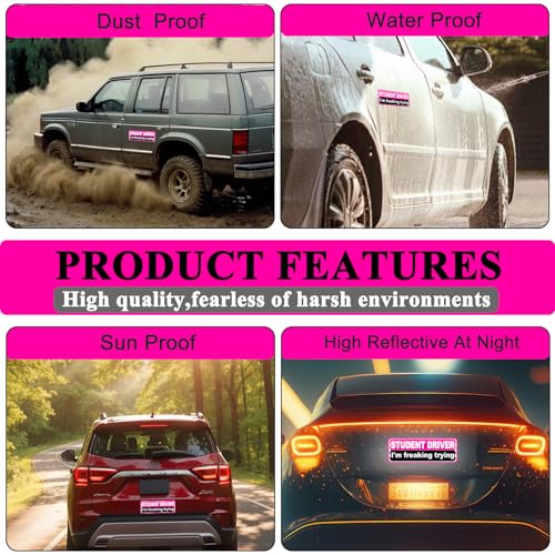 Image of Pink Student Driver Magnet for Car, Cute New Driver Magnetic Vehicle Sign, Reflective Safety Warning Sticker Magnet Sign for Girl, 10 inch x 3.5 inch (Pink- 2 Pack)