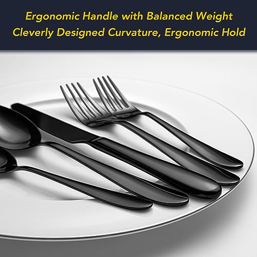 Image of 40 Piece Black Silverware Set Service for 8, EIUBUIE Premium Stainless Steel Black Cutlery Set, Mirror Polished Flatware Sets, Modern Kitchen Eating Utensils Sets Include Forks Spoons Knives