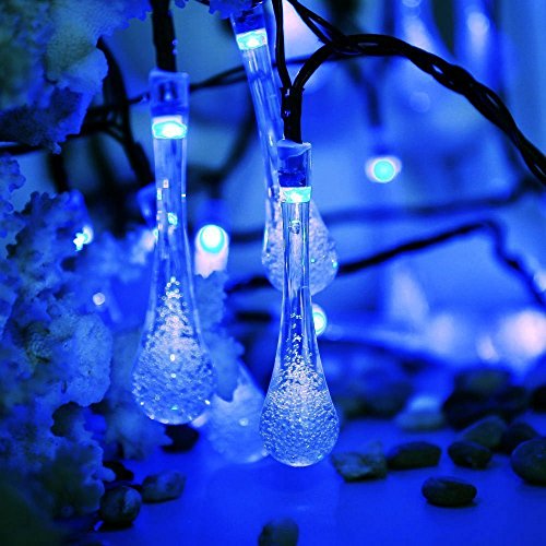 Solar Drop Lights, DINOWIN Water Drop Fairy Lights 20ft 30LEDs Solar Water Drop Waterproof for Outdoor, Garden, Christmas Decorations (Blue)