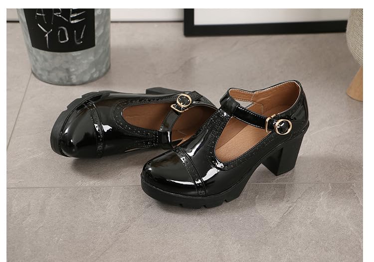 Women's Pumps Classic T-Strap Platform Shoes for Women, Ankle Strap Buckle Pumps Chunky Block Heels Oxfords Dress Pumps Shoes (Black,11)3