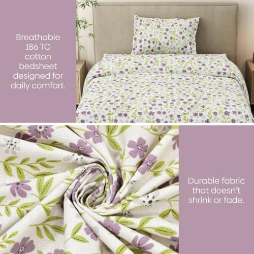 Image of Haus & Kinder Bedsheet for Single Bed Cotton, 58 x 98 Inches Single Bedsheet with 1 Pillow Cover, Pure Cotton 186 TC, Soft & Silk Bedsheet for Single Bed - Moonlit Lavender Garden