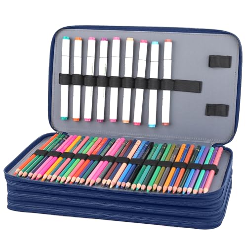Image of Vomgomfom 300 Slots Marker Case 4-Layer PU Leather, Handle, Blue Rose