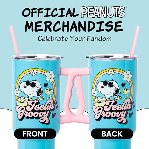 Image of Silver Buffalo Peanuts Featuring Snoopy and Woodstock Feelin' Groovy Double Walled Stainless Steel Tumbler with Handle and Straw, Fits in Standard Cup Holder, 40 Ounces