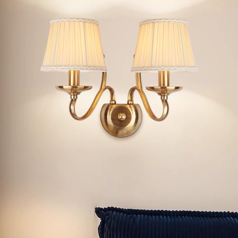 Wandleuchte aus antikem Messing, Retro-Stil, rustikaler Stil, mit Lampenschirm aus Plissee-Stoff, Mitte des Jahrhunderts, aus Kristall, E14, dekorative Lampe für Schlafzimmer, 2 Kopf