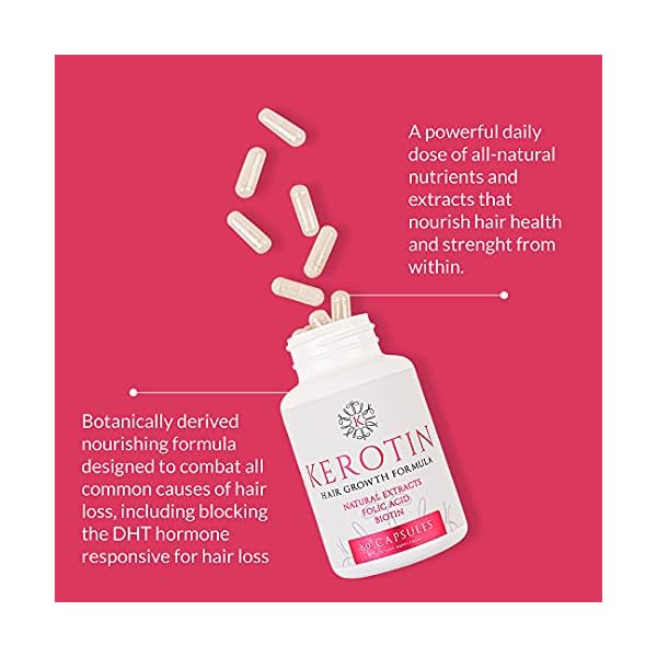 Kerotin Hair Growth Vitamins, Biotin Supplement, DHT Blocker, Collagen Stimulator, for Hair Loss Support, Nail & Skin Care, Includes Saw Palmetto, Vitamin D3 & More - 60 Pills (1 Month Supply)