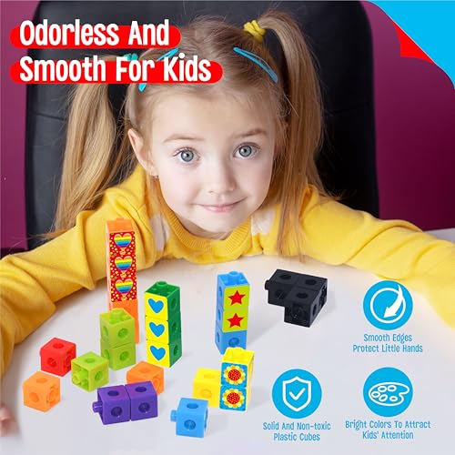 Image of 100 Math Linking Cubes, Math Cubes with 320 Reusable Stickers Manipulative Geometric Shapes Connecting and Counting Snap Blocks for Early Math & Construction, Educational Toy for Preschool, Homeschool