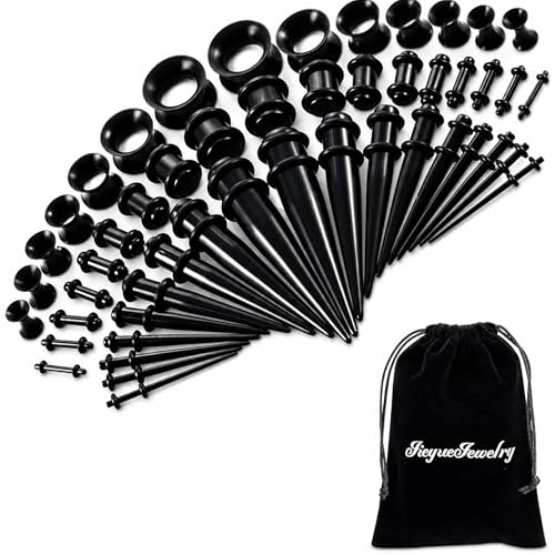JieyueJewelry 50 Pieces Ear Stretching Kit 14G-00G Acrylic Tapers and Plugs + Silicone Tunnels - Ear Gauges Expander Set Body Jewelry for Women Men(Black)