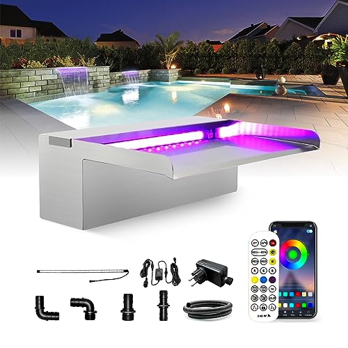 LONGRUN Edelstahl Wasserfall Überlauf, APP Kontrolle Multi-Farben LED-Licht Draussen Pool Brunnen, Koi Teich Wasserfälle Brunnen Kit für Garten Terrasse Pool Dekoration-30x20x10cm