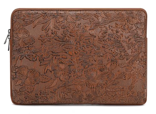 Canvaslove Embossing Floral Pattern PU Leather Laptop Sleeve Case with Pocket for MacBook Air 15 inch and 15 inch-15.6 inch HP, Lenovo, Dell, ASUS, Acer Notebook Computer (Coffee)
